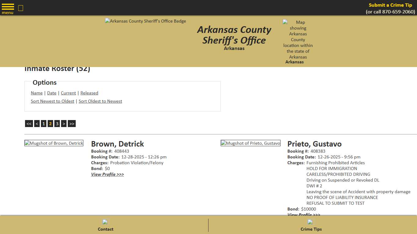Inmate Roster - Page 2 Current Inmates Booking Date Descending - Arkansas County Sheriff's Office, Arkansas